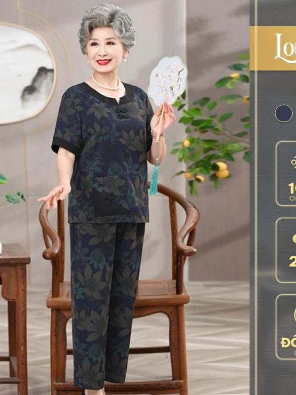 Bộ đồ trung niên, Đồ bộ mặc nhà B30 Loudra shop (jolle) đồ bộ mặc nhà quần dài áo cộc hàng lụa mango mát, mềm mịn Có hoa Sen Xanh Kem