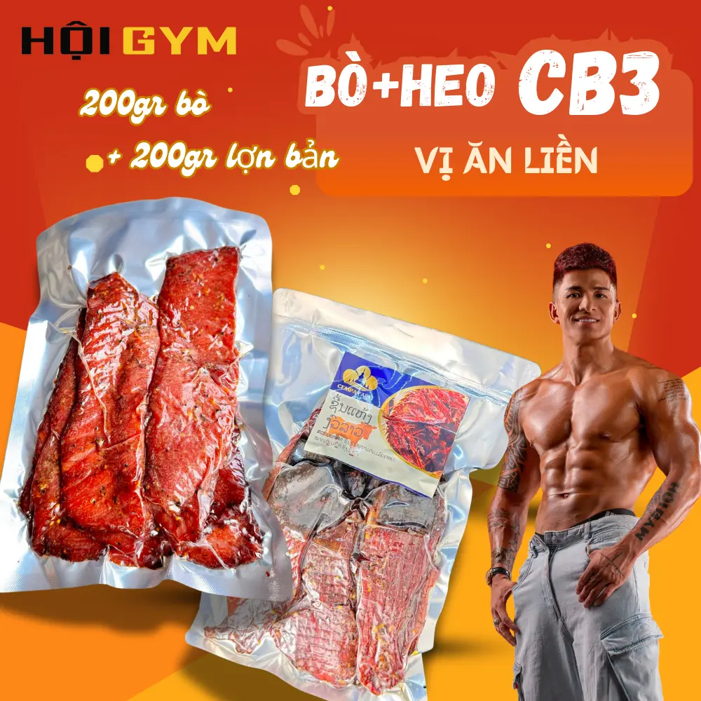 400G [ Hội Gym 88 ] -  Lợn Bản 200g  +  Bò Gác Bếp Lào 200g - Hương Vị Chuẩn Lào 100% Thịt Lợn, Bò Tươi, Vị ăn liền + KÈM CHẲM CHÉO