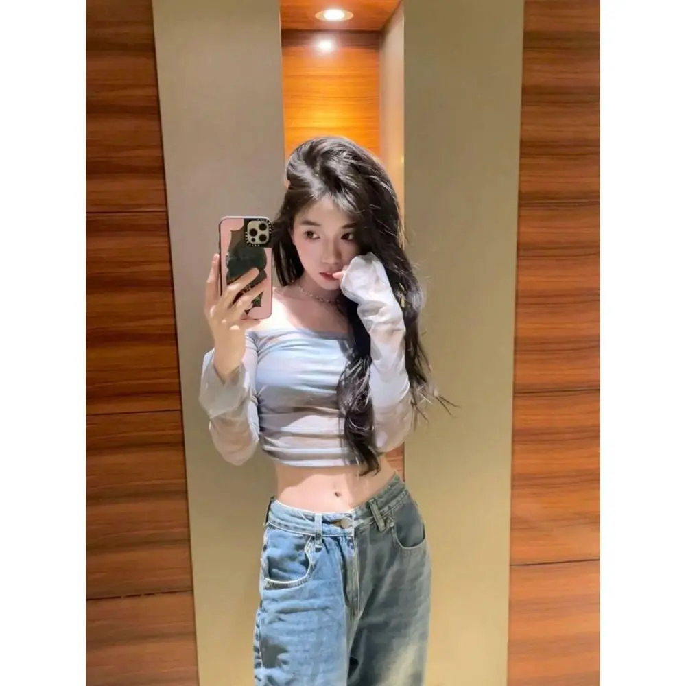Korean style Sense of design dizzy dye smear chest long sleeved T-shirt, summer casual slim fit crop versatile top, fashionable backless net yarn top