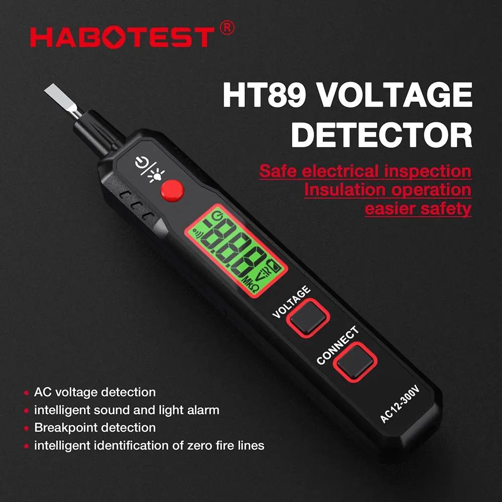 HABOTEST HT89 Pena Uji Digital 12 ~ 300V Detektor Tegangan AC Pena NCV Tipe Multimeter Pena Detektor Garis Api Nol Pena Uji Multifungsi dengan Kepala Obeng