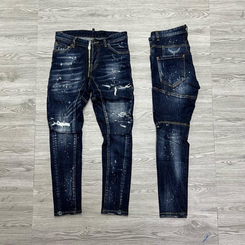 QUẦN JEAN NAM MÃ D2-34 XANH RÁCH DÁNG BIKER KHOÁ LỆCH VẨY SƠN 4 CÚC , BÒ DÀI CAO CẤP , CO DÃN , PHOM ÔM CHÂN D-S-Q , Có Túi