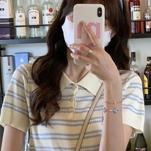 Lu Xiaotuan Striped Turn-Down Collar Knitted Top 2025 Spring Summer Short Sleeve Niche Design Polo Shirt