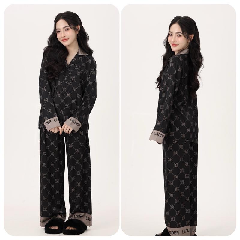 Bộ ngủ (không túi ) quần dài tay dài đen hoạ tiết xoắn phối ghi nâu Ladder   bộ ngủ Ládder - pyjama women