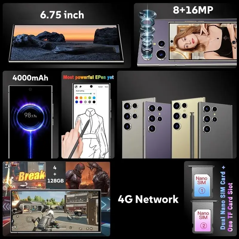 SOYES 6.75 Inch Smartphone, 128GB ROM+4GB RAM, 4G Network, Octa Core Processor, Dual SIM, 4000mAh Battery, Built-in Stylus, Digital, Camera, Portable 6