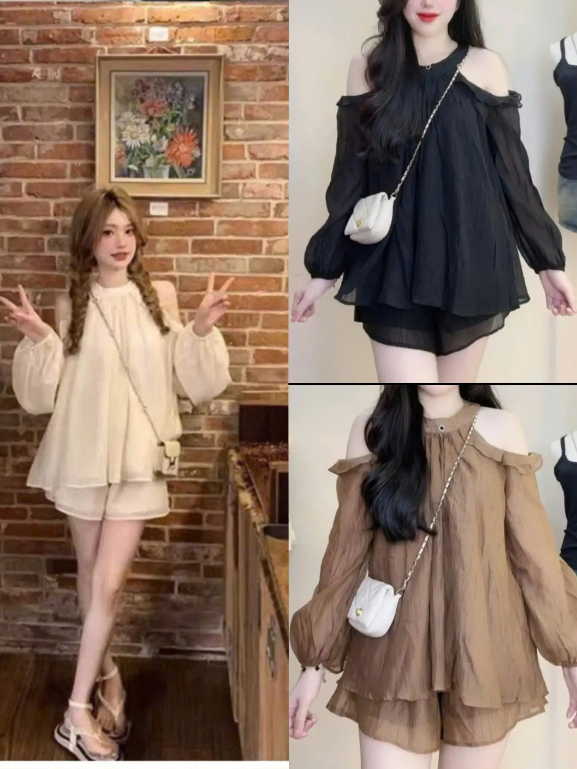 Set bộ thời trang áo tơ bèo hở vai kèm quần short dáng xòe 2 lớp form freesize - Un In Store Bs032