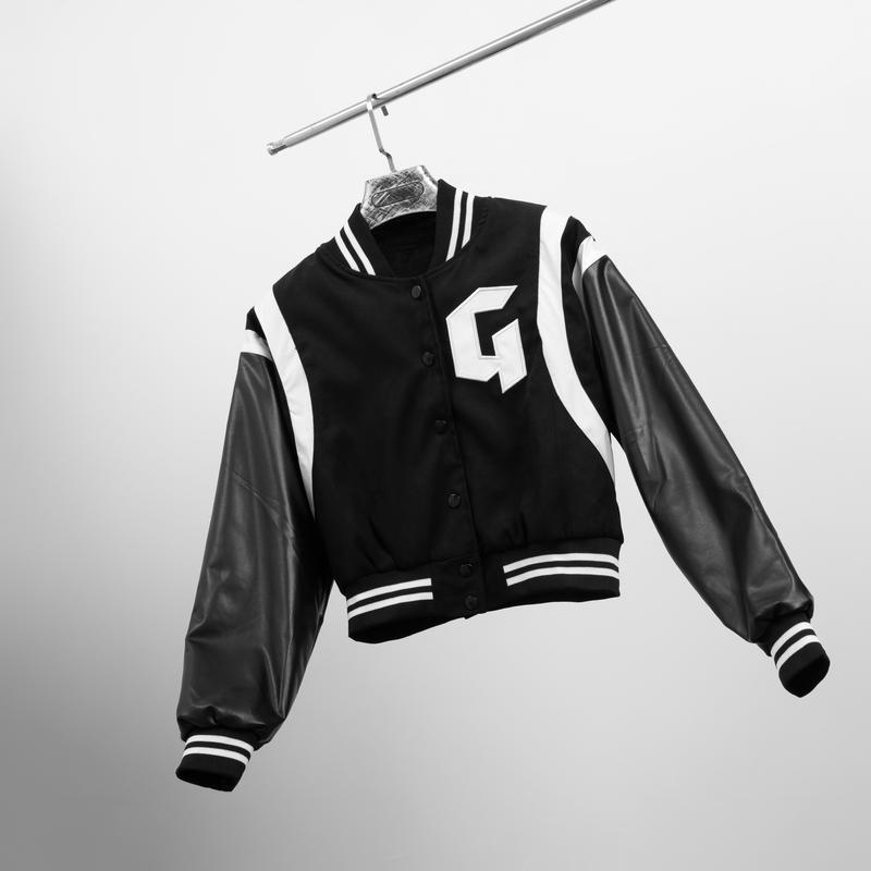  Áo Khoác Croptop Nữa - Bomber Thêu Chữ G - Áo Khoác Nhung Tam Màu Đen 