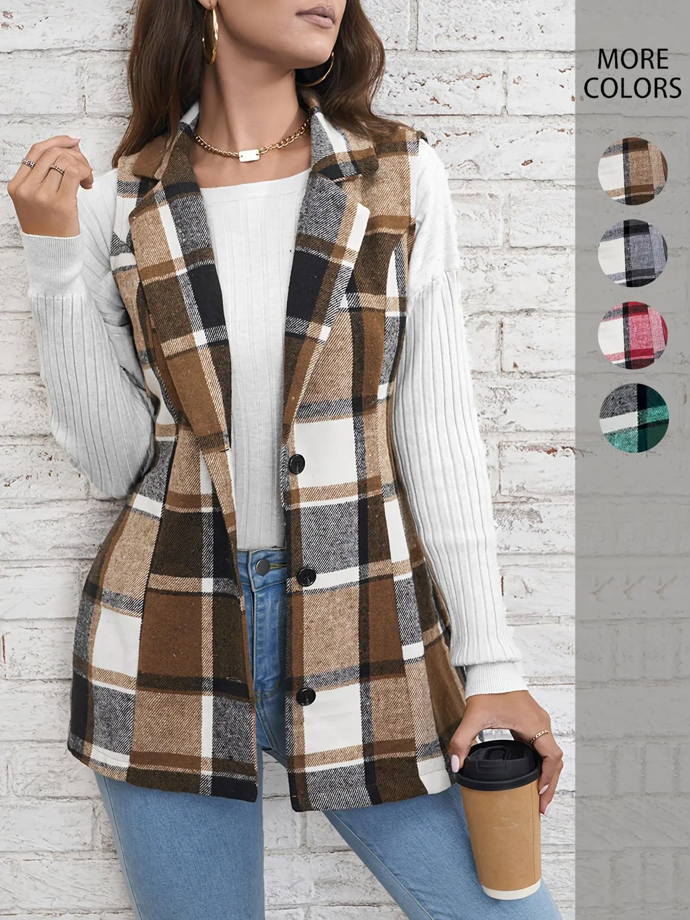 Women's Plaid Print Button Front Vest Coat, Elegant Casual Lapel Neck Sleeveless Outerwear For Fall & Winter, Women's Clothes For Daily Wear