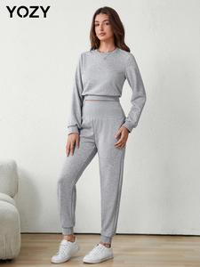 YOZY Two-Piece Set Women's Plain Crop Sweatshirt & Wide Waistband Pants, Casual Round Neck Long Sleeve Top & Trousers Set for Fall & Winter, Women's Clothes for Daily Wear