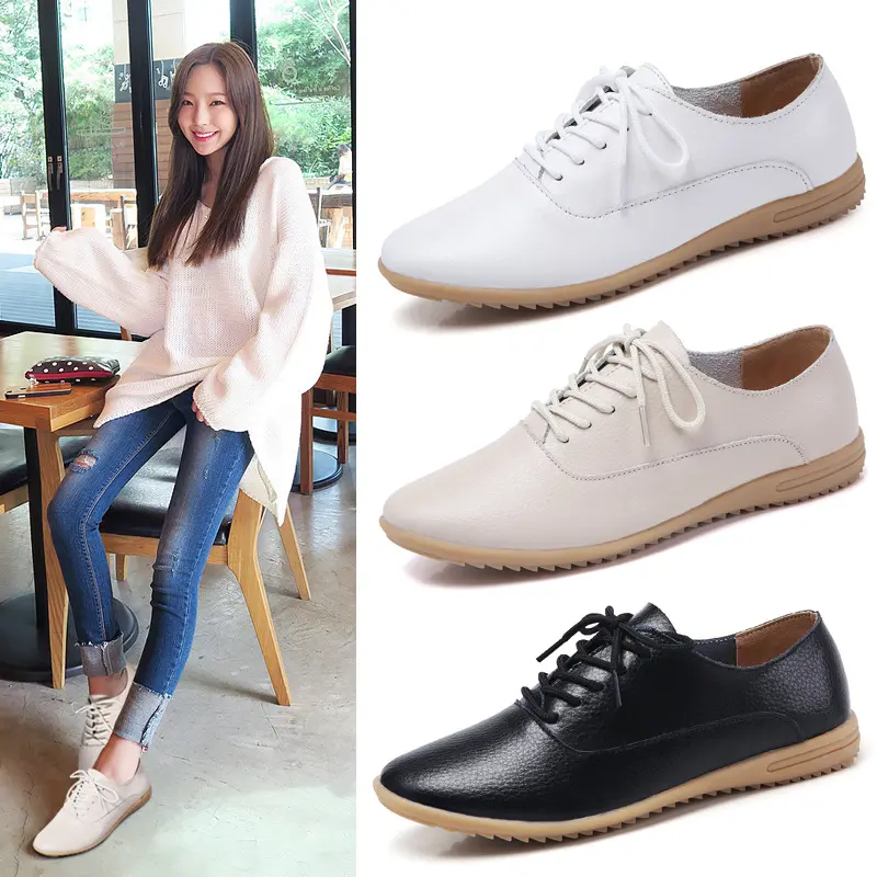 2025 Spring and Autumn New Korean Style Flat White Shoes Female Students Women's Genuine Leather Shoes plus Size All-Matching Casual Shoes Female
