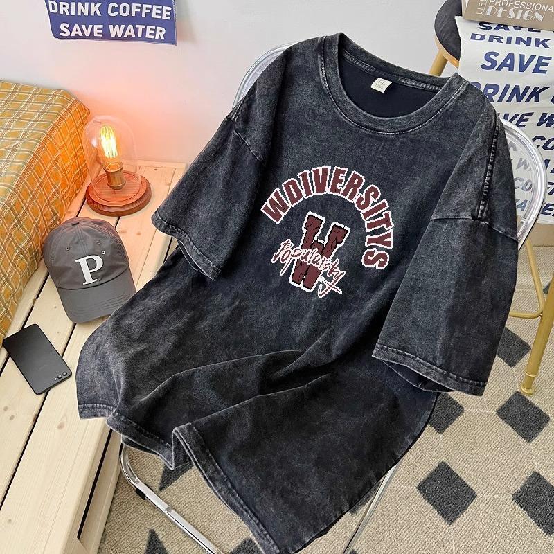 cotton nguyên chất mùa hè 2025 phong cách mới giặt đau khổ đa năng thời trang phong cách Hàn Quốc hợp thời trang rộng rãi cho nam nữ áo thun ngắn tay in hình học sinh cao cấp 7