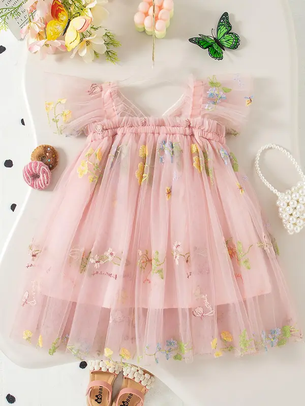 Baby Girl's Floral Embroidery Tulle Dress, Cute Butterfly Sleeve Dress for Party, Infant Toddler Kids Summer Clothes 3