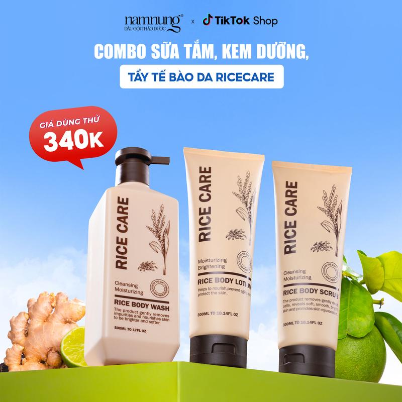 [Rẻ vô địch][FLASH SALE GIÁ HỜI] Combo sữa tắm thảo dược RICE CARE, Sữa tắm hỗ trợ dưỡng trắng da 500ml chiết xuất Cám gạo nguyên chất, Sữa dưỡng thể hỗ trợ dưỡng ẩm và Tẩy tế bào thiên nhiên cám gạo hỗ trợ làm đều màu da