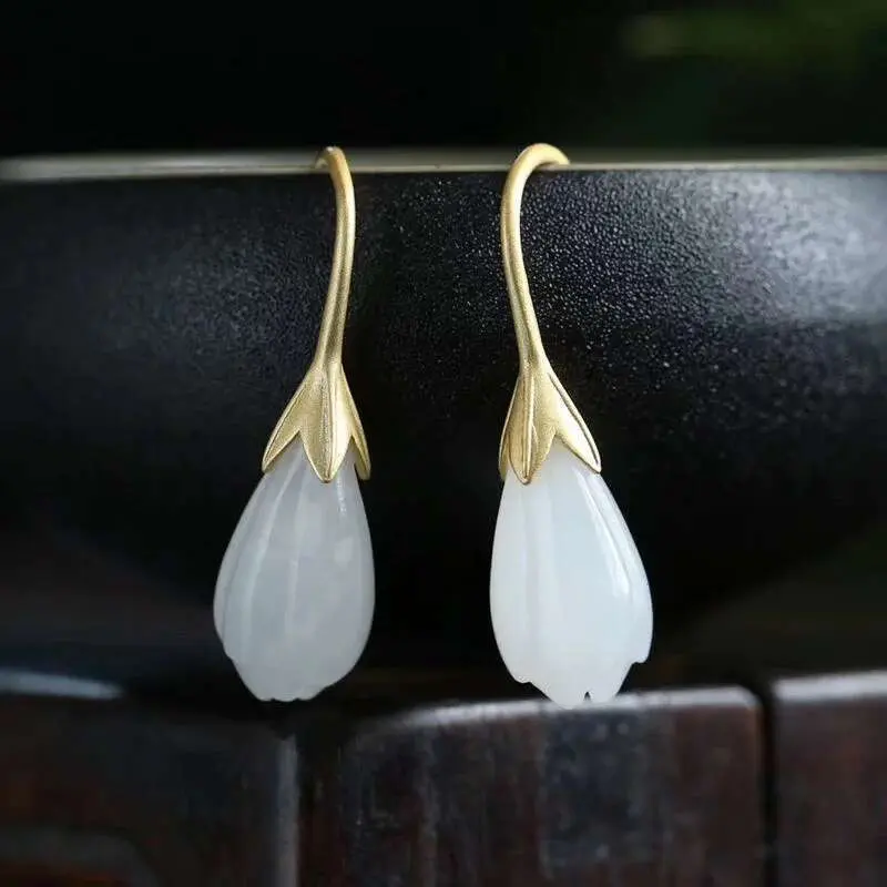 Exquisite Jade Bud Orchid wer Drop Lady Fashion Hooks Earrings Female Ear Jewelry Gift