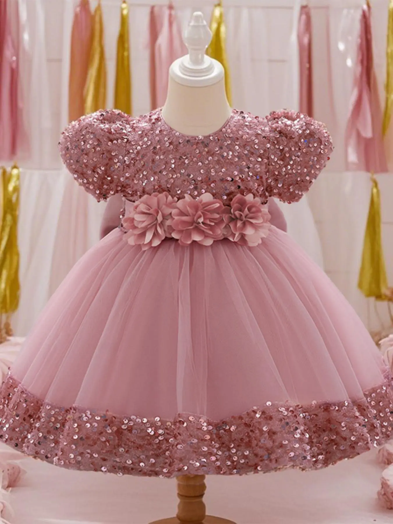 Toddler Girl's Glitter Sequin Decor Flower Embroidery Tulle Dress, Cute Puff Sleeve Round Neck Dress for Party Wedding Guest, Kids Clothes for All Seasons
