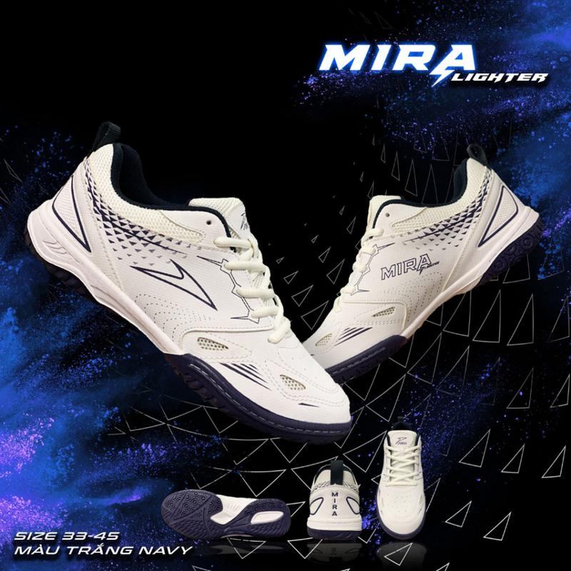 [TIẾN LÊN 1 SIZE] Giày Cầu Lông, Bóng Bàn, Bóng Chuyền Mira Lighter Chính Hãng Mầu Trắng Navy Da Vân Nổi, Đế Kép Eva Chống Trượt Đế Đã Được Khâu Nam Sneaker Sport