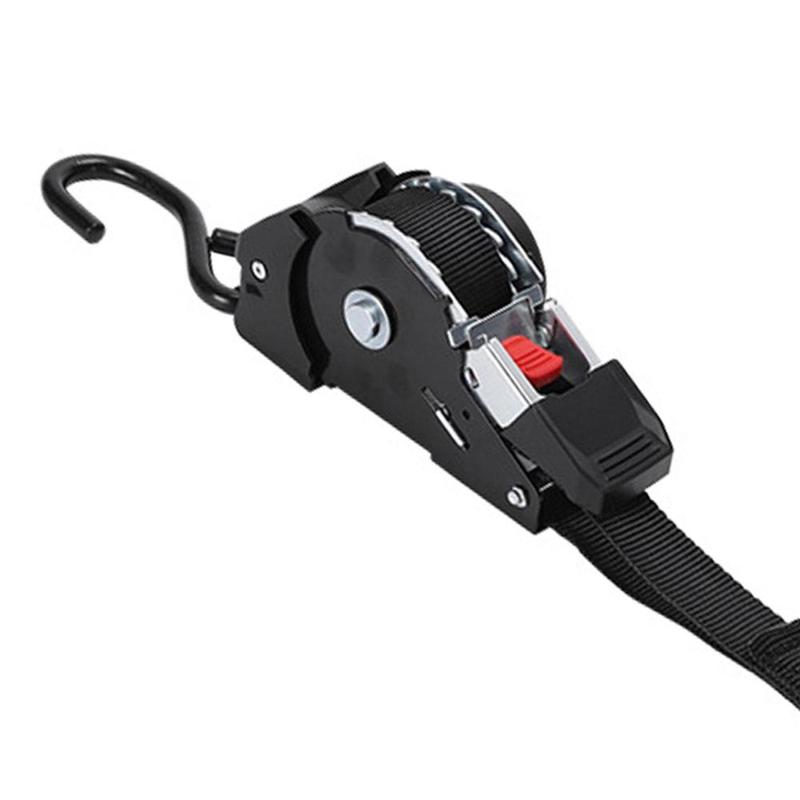 Product Introduction of Retractable Ratchet Strap Professional Black Auto Retract Ratchet Tie Down Strap for Boat Atvs Motorcycle Kayak Motorbike 1