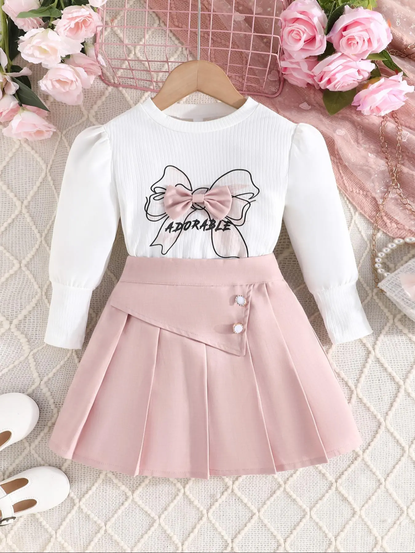 Toddler Girl's Letter Print Bow Decor Ribbed Sweater & Pleated Skirt Two-Piece Set, Elegant Fashion Casual Two Piece for Daily Outdoor Wear, Toddler Girls Clothing for Summer