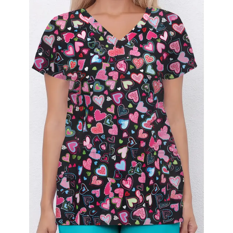 Elegant Plus Size V-Neck Heart Print Scrub Top - Polyester Blend, Short Sleeve with Pockets - Perfect for Nurses and Healthcare Professionals 2
