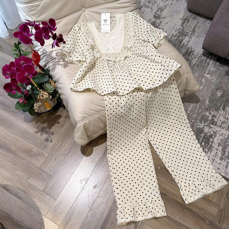 N139- Pijama tiểu thư bánh bèo cộc dài hoạ tiết chấm bi kem cổ yếm- Bộ ngủ công chúa mặc nhà hàng quảng châu cao cấp