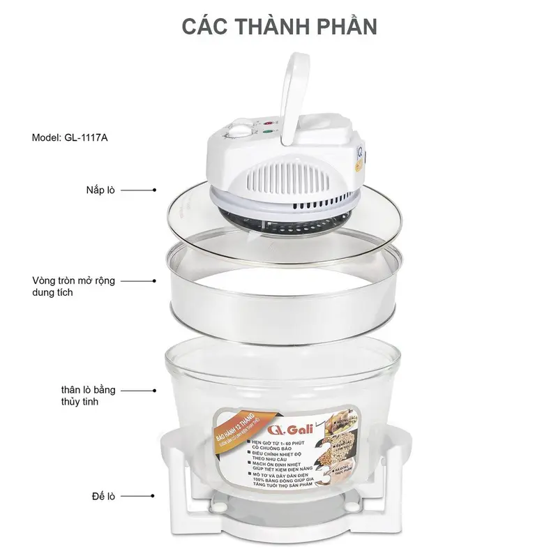 Gali lò nướng thủy tinh, nồi chiên không dầu, lò chân không 12 đến 17 lít, đa chức năng chiên, rã  đông, rang, làm bánh pizza hàng nhập khẩu chính hãng bảo hành 12 tháng 2