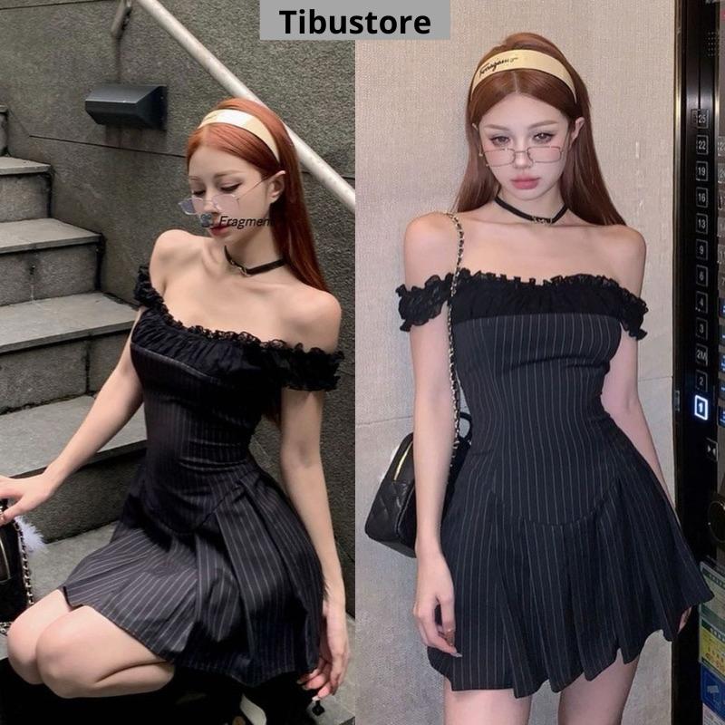  Đầm Body Trễ Vai Kẻ Sọc Viền Bèo Voan TIBU Đầm Nữ Dáng Ngắn Hở Lưng Tôn Body Sexy Đi Chơi Biển Dự Tiệc Sang Chảnh 