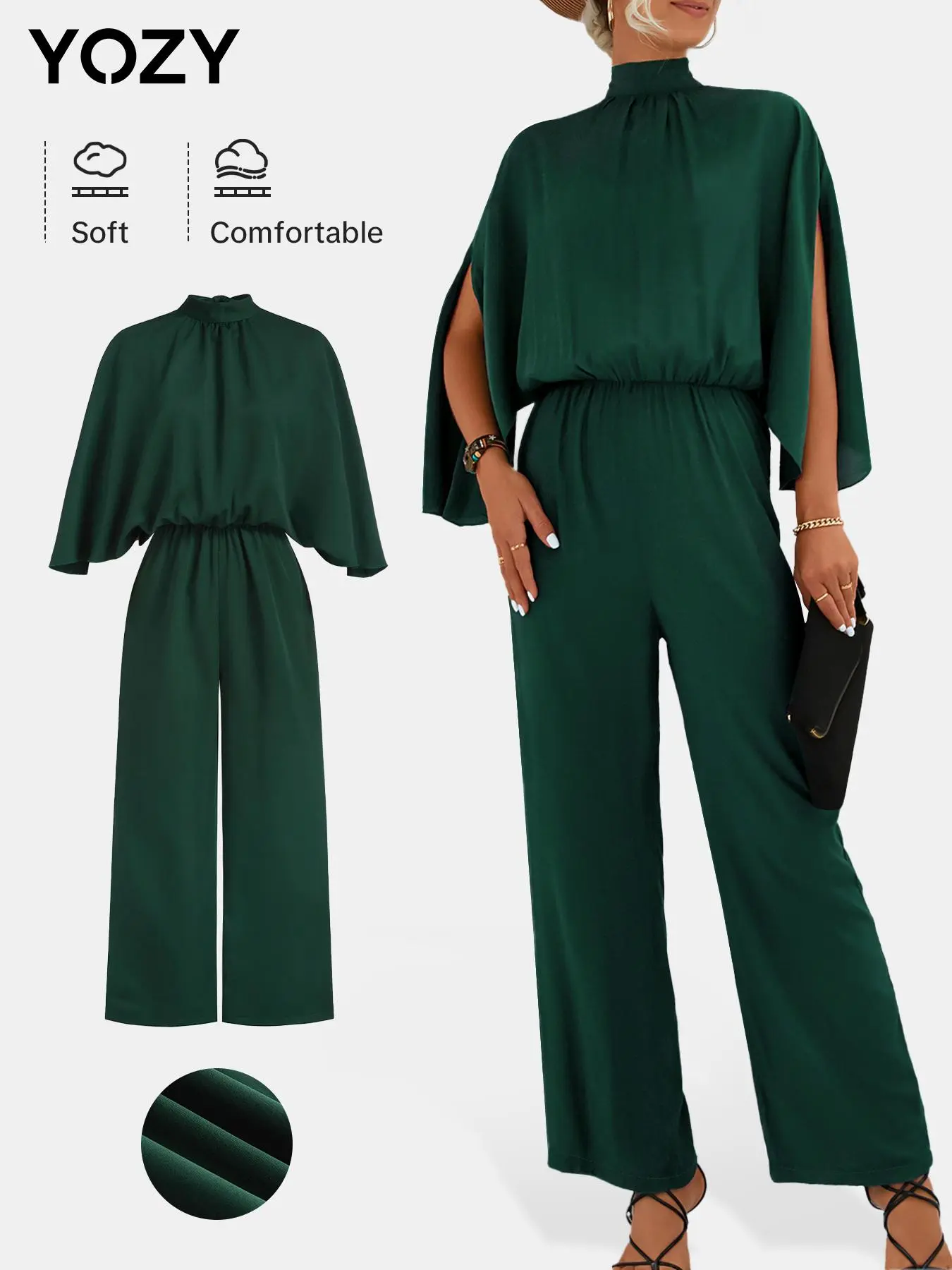 YOZY Women's Solid Tie Back Cloak Sleeve Jumpsuit, Elegant Mock Neck Wide Leg Jumpsuit for Commute Holiday, Ladies Spring & Fall Clothes