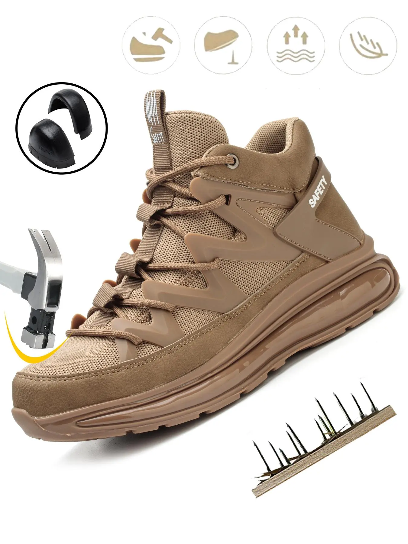 Men's Casual Lace Up Mid Top Safety Shoes, Lightweight Work Shoes, Footwear for Boy, Soft Sole Breathable Comfortable Shoes, Fashionable Anti-smash and Anti-puncture Shoes for Work, Steel Toe Sneakers