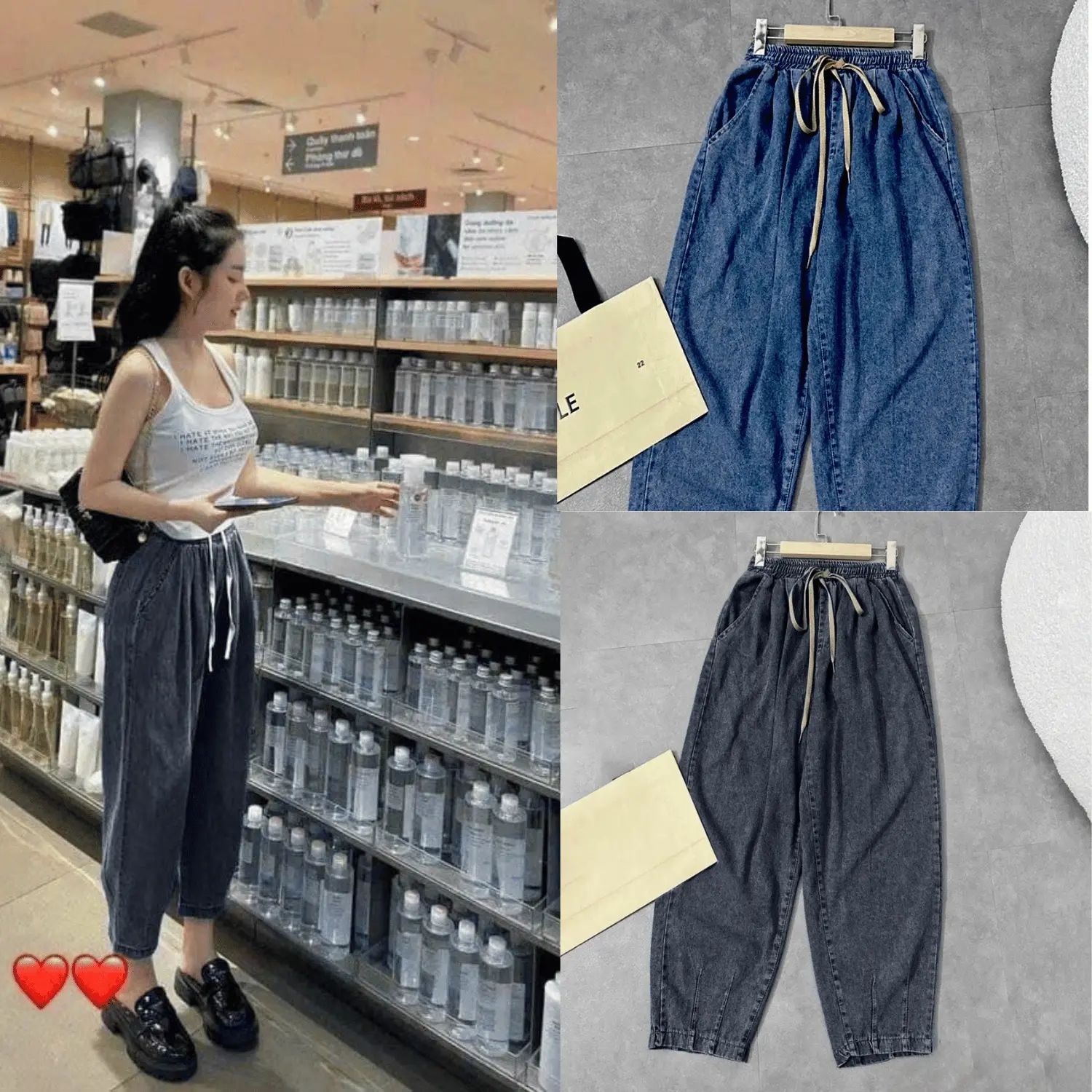 [Big size] Quần Bom Cạp Chun Ly Gấu Dáng Baggy m01 Nữ Women quần  jean Pants Đen