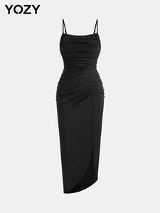 YOZY Women's Plain Ruched Cami Dress, Solid Sleeveless Spaghetti Strap Bodycon Dress, Ladies Summer Evening Party Gown