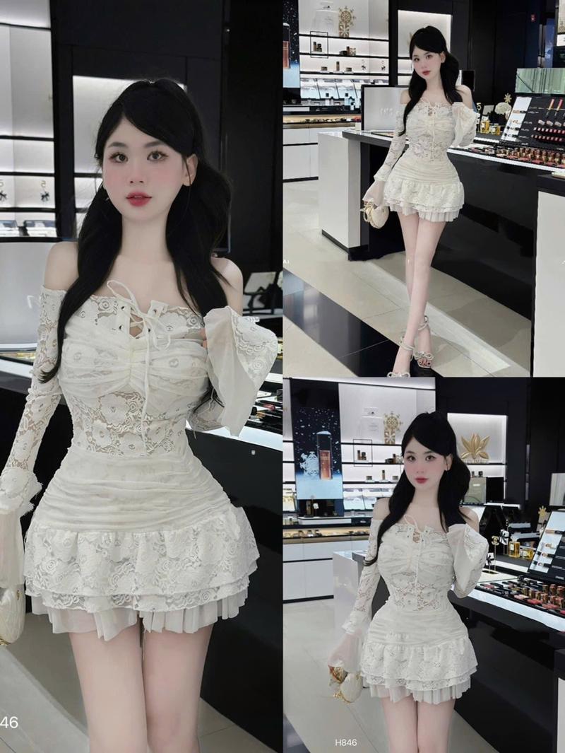 Product Introduction of Đầm trễ vai ren phối lưới 2 lớp có mút đệm ngực tiểu thư xinh xắn mặc được nhiều dịp 4
