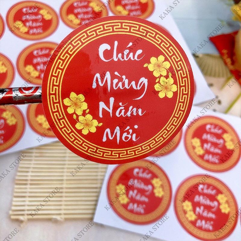 Tem Tết, Tem Dán Tết Chúc Mừng Năm Mới, Hình Tròn, Decal Dán Decor Giỏ Quà, Hộp Quà, Hộp Bánh Kẹo, Mứt Ngày Tết.