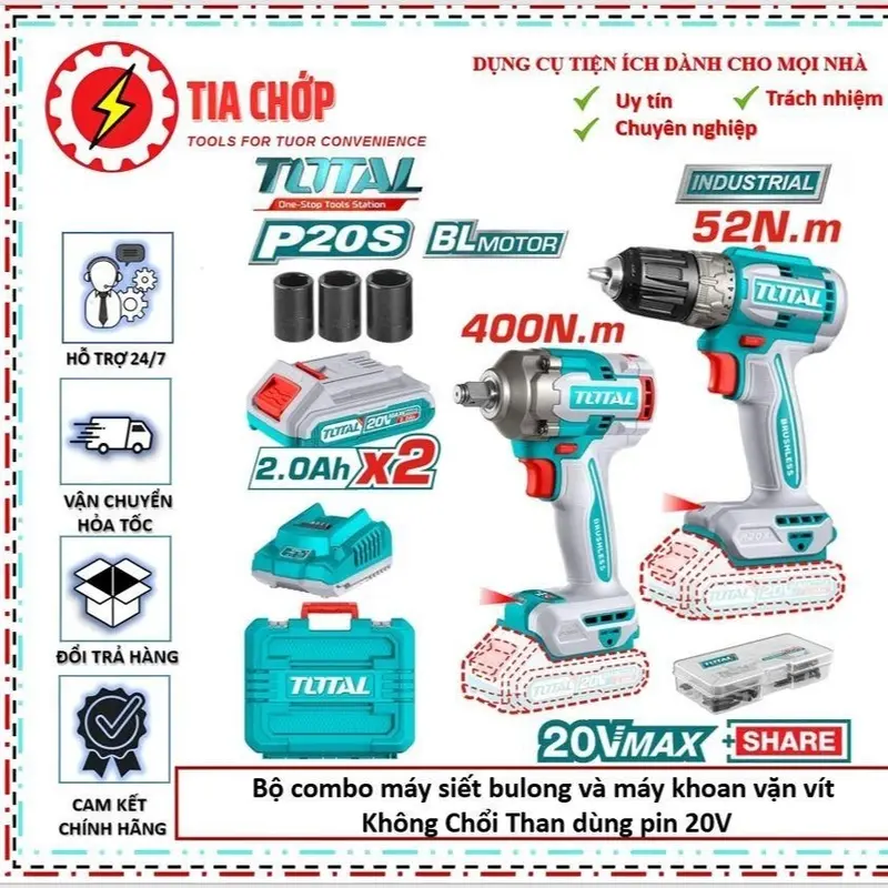 Bộ combo máy siết bulong TIWLI2040 & máy khoan vặn vít TDLI204531 Không Chổi Than dùng pin 20V (TCKLI20271) 1