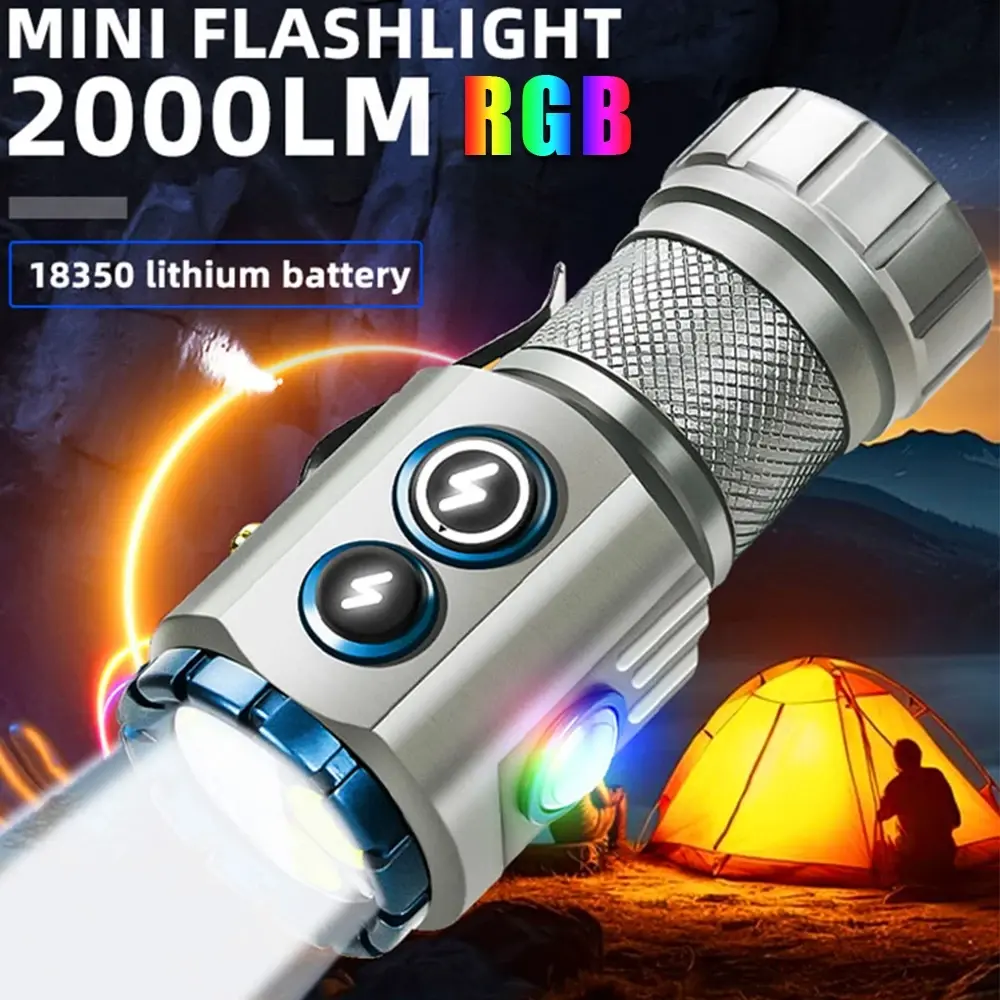 Lampu Suluh LED Mini, Berkuasa, Boleh Dicas Semula, EDC, Lampu Sisi RGB ...