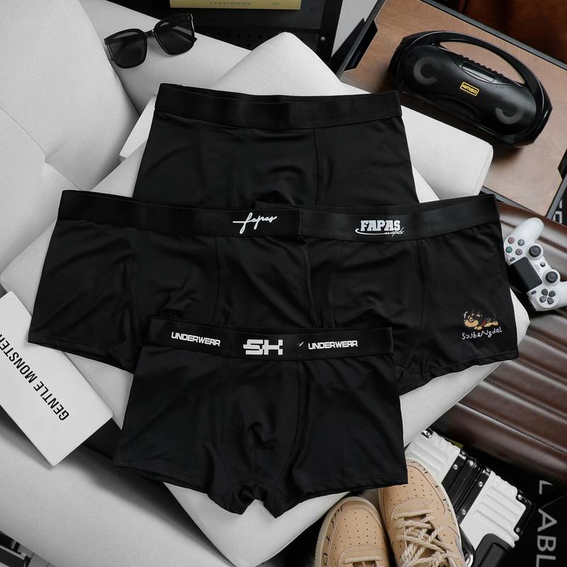 COMBO 4 Quần Sịp Đùi Nam Menswear full đen IN HÌNH Chất Liệu Thun Lạnh, Quần Lót Nam cao cấp màu đen lịch lãm TOP03 Quần Boxer Nam (Che tên khi giao hàng)