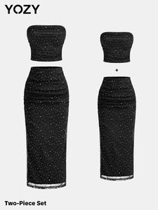 YOZY Two-Piece Set Women's Contrast Sequin Crop Tube Top & Ruched Split Hem Skirt, Elegant Fashion Clothing Sets for Daily Outdoor Wear, Ladies Clothes for Summer