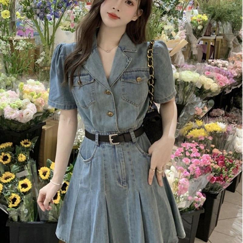 Váy Xếp Ly Denim, Cổ Áo Phù Hợp, Dành Cho Phụ Nữ, Phong Cách Cổ Điển Pháp, Bó Sát Váy Tay Ngắn, Váy, Với Thắt Lưng, Mùa Hè, Ins, 2024 Women Dress 1