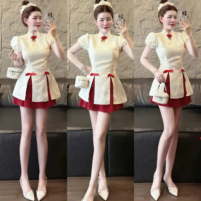 Bộ áo gấm cổ tàu tay phồng nữ tính đính nơ xẻ tà phối chân váy xòe cho nàng diện đi chơi noen, lễ tết - Women, Dress 8