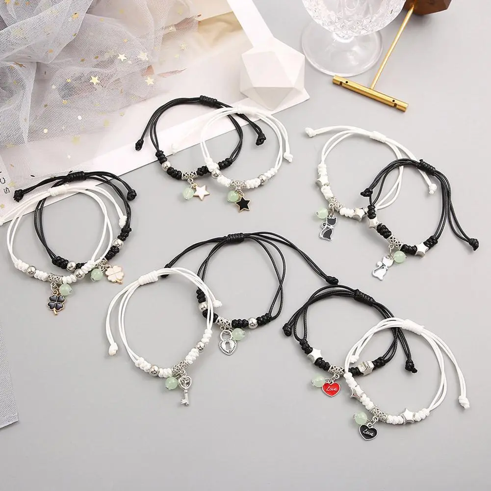 2pcs Luminous Lucky Charm Handmade Couple Trio Friendship Bracelet Moon/Bff/Sunflower Style For Best Friend Kids Girlfriends/Lover Wax Rope Bracelet Fashion Accessories As Birthday Valentine's Day Mother's Day Gift