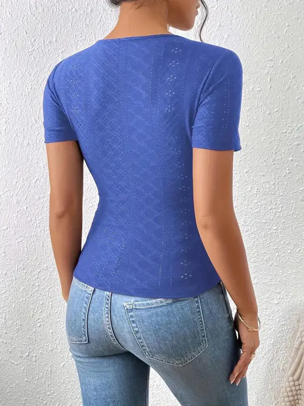 Women's Plain Eyelet Embroidery Ruched Wrap V Neck Tee, Elegant Fake Buttons Decor Short Sleeve T-shirt for Summer, Ladies Clothes for Daily Wear 1