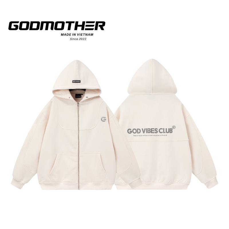 Áo Hoodie Zip GOD VIBES GODMOTHER Áo Khoác Nỉ Có Khoá Kéo Form Rộng Unisex Beige/Black 2024