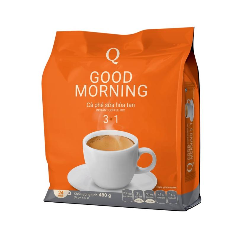 Combo 5 bịch Cà phê sữa hòa tan 3in1 Q Good Morning Trần quang 480g 1 bịch 24 gói Coffee Cafe cafephin caphe arabica nescafe trà xanh cf 1 milk nước cốt bột trà xanh cozy white bấm
