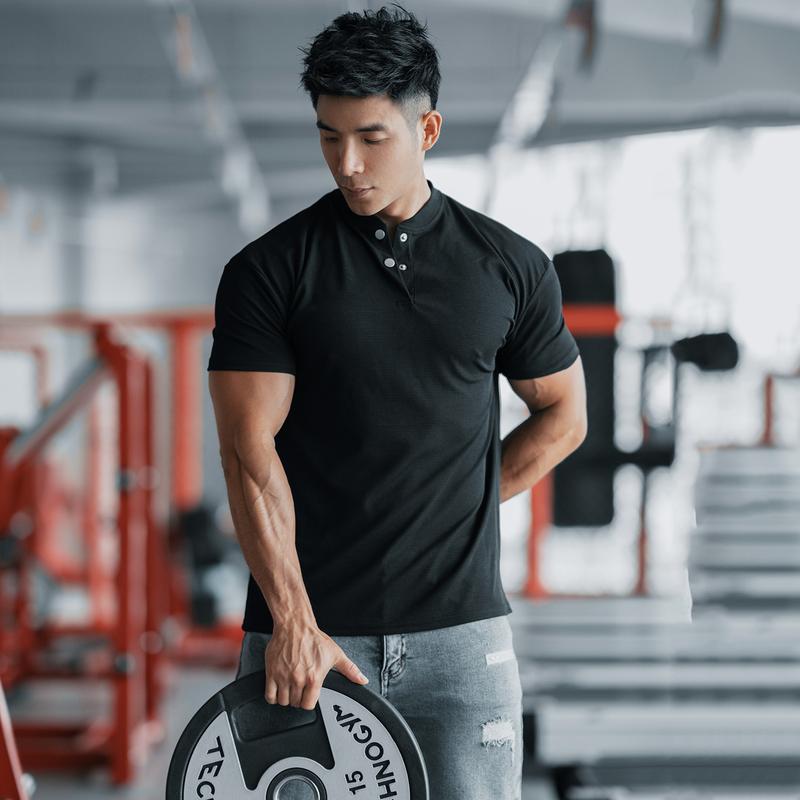 Summer Men's Sporty Casual Running Fitness Solid Buttoned Stand Collar Short Sleeve Cool Feeling Quick Dry T-Shirt 1