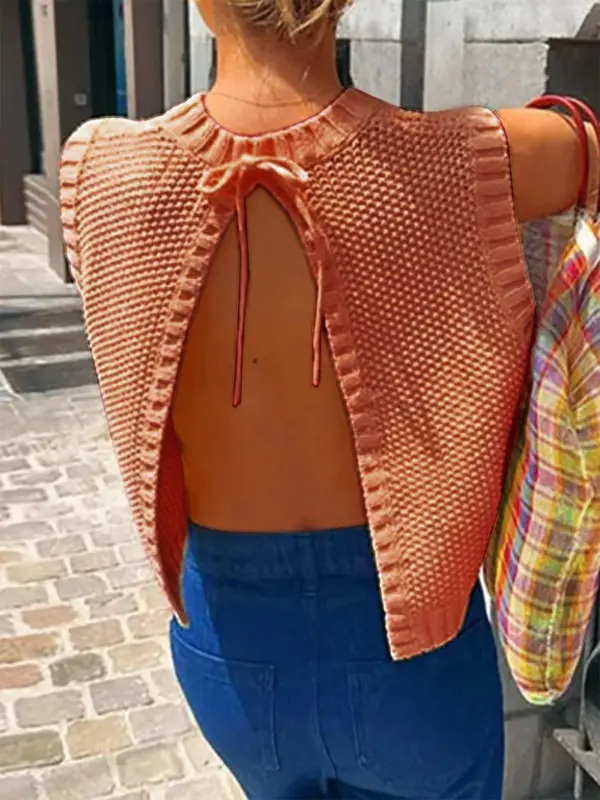 Women's Solid Split Tie Back Sweater Vest, Minimalist Fit Casual Round Neck Sleeveless Knit Top for Spring & Fall, Fashion Women's Knitwear for Daily Wear 2