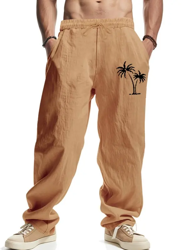 Men's Coconut Tree Print Linen Pants, Regular Fit Casual Comfy Breathable Wide Leg Trousers for Beach Vacation Holiday, Men's Bottoms for Summer, Menswear 7