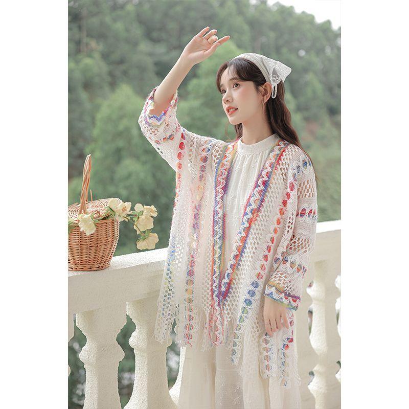 Bộ Quần Áo Phong Cách Dân Tộc, Đặc Trưng Với Khăn Choàng Cắt Xẻ, Có Thể Mặc Ngoài Trời, Dệt Kim Và Móc, Dáng Rộng Vừa Vặn, Tay Áo 3 / 4, Mỏng Và Thoáng Khí, Thích Hợp Cho Mùa Hè, Dễ Phối Đồ, Chống Nắng Quàng Cổ Voi Voan Women Nữ 1