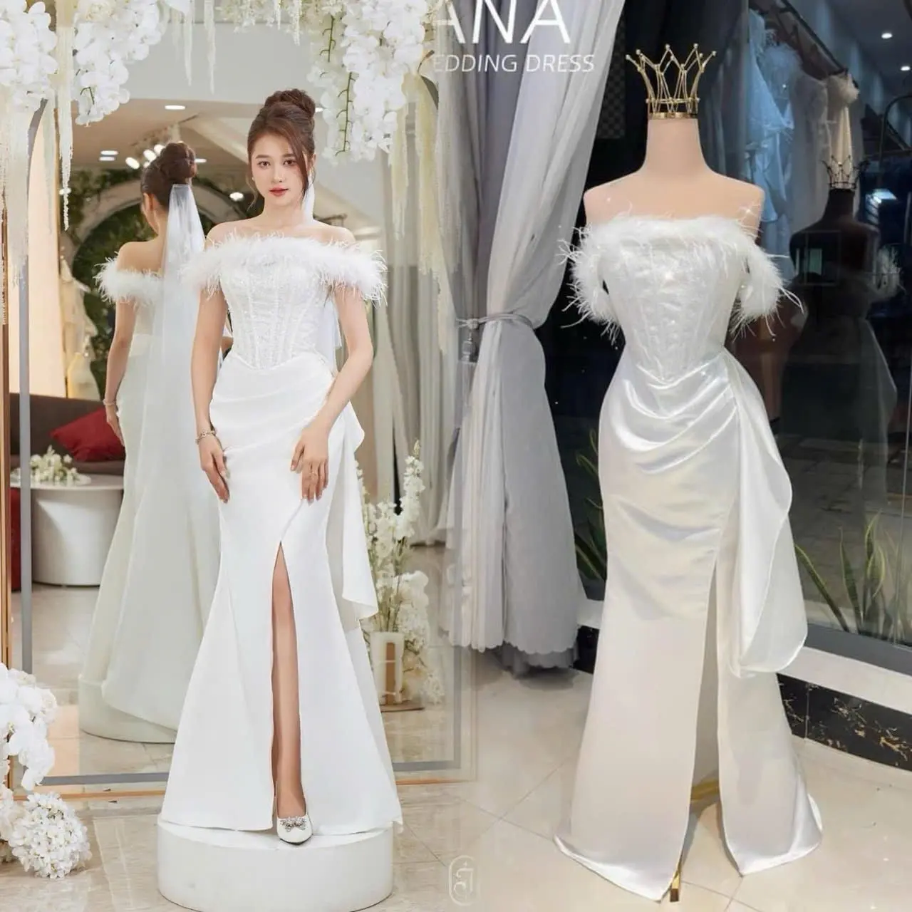 Đầm body thiết kế trễ vai xẻ tà tapta lông siêu xinh quý phái Women Nữ Dress Tre..