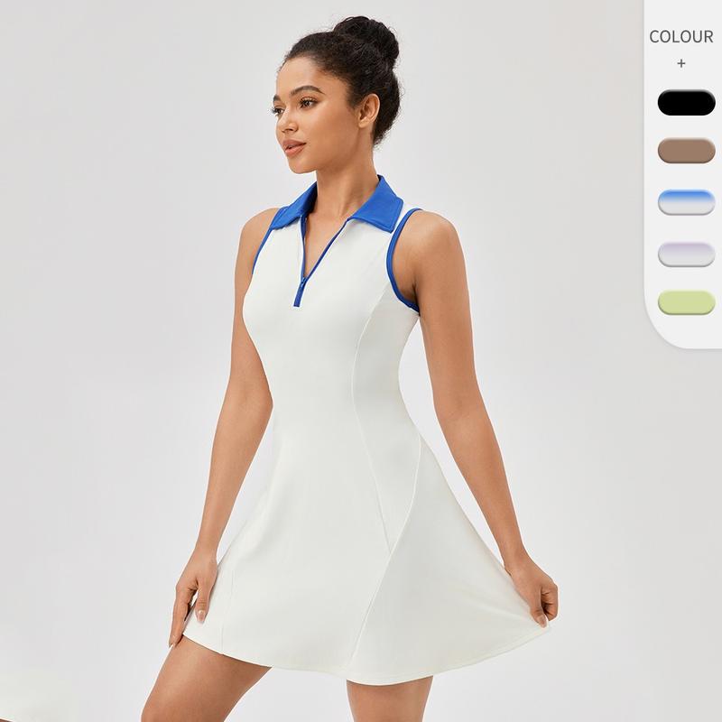 Product Introduction of Plus Size S-XXL Polo Tennis Dress With Zipper&Shorts Clashing Color Golf Badminton Dress Casual Quick-Dry Stretchy Workout Skirt 1