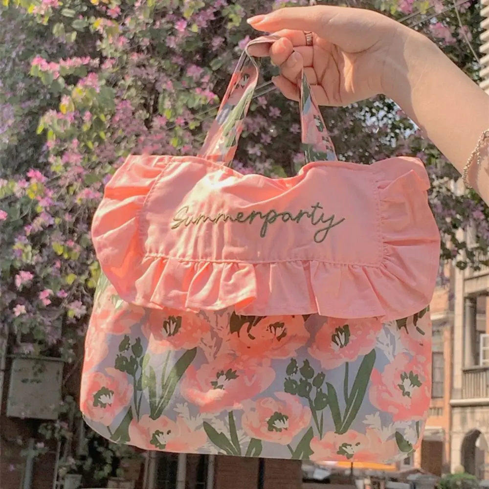 Printed Floral Embroidery Canvas Bag Simple Lace Flower Canvas Shoulder Bag Large Capacity Crossbody Bag Print Cloth Bag for Women