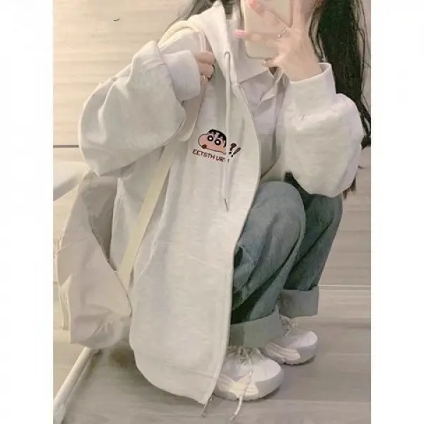 Áo Len Cardigan Có Mũ Trùm Đầu, In Bút Chì Màu, Dành Cho Nữ, Dáng Rộng Vừa Vặn, Lót Lông Cừu / Phần Mỏng, Áo Khoác Có Khóa Kéo, Hợp Xu hướng, Thích Hợp Cho Mùa Xuân Và Mùa Thu