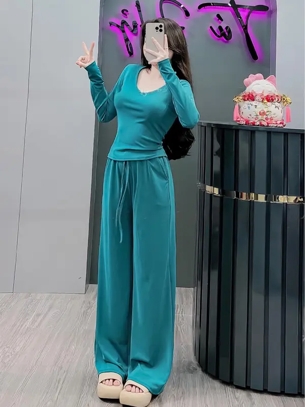 95. 1857 Set Bộ Dài Suông Tay Dài Cổ Tim Chất Đẹp. Quần Dài Ống Suông Có Túi, Áo Vạt Ngang. Nữ Top Vàng Thun Women Ong Nhung 3